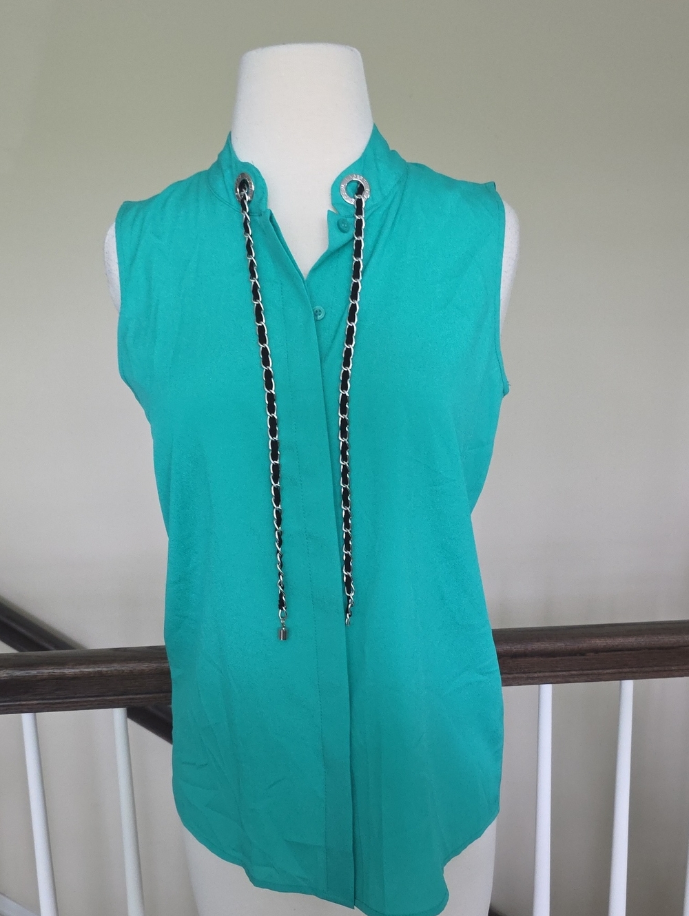 Karl Lagerfeld Sleeveless Teal Blouse with Chain Drawstrings